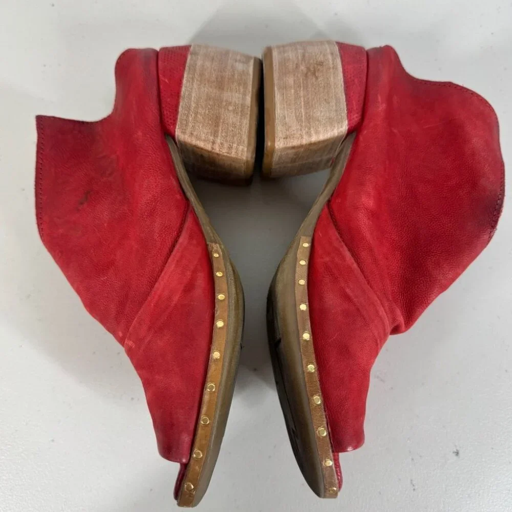 AS98 Red Leather Peep Toe Mules Size 38 Block Heel Boho Hippie Lagenlook - Picture 5 of 16